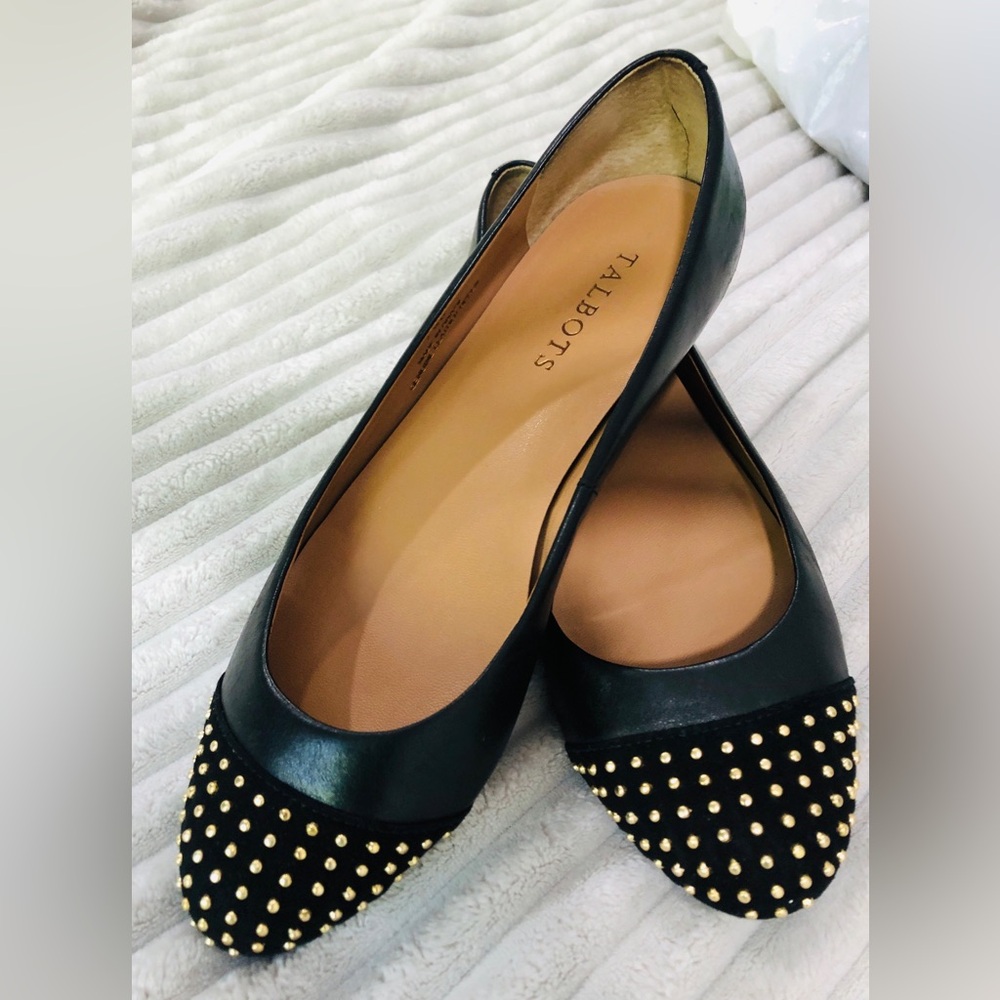 Talbots Black Leather ‘Bari’ Suede Studded Cap Toe Ballet Flats Size 7.5B Shoes